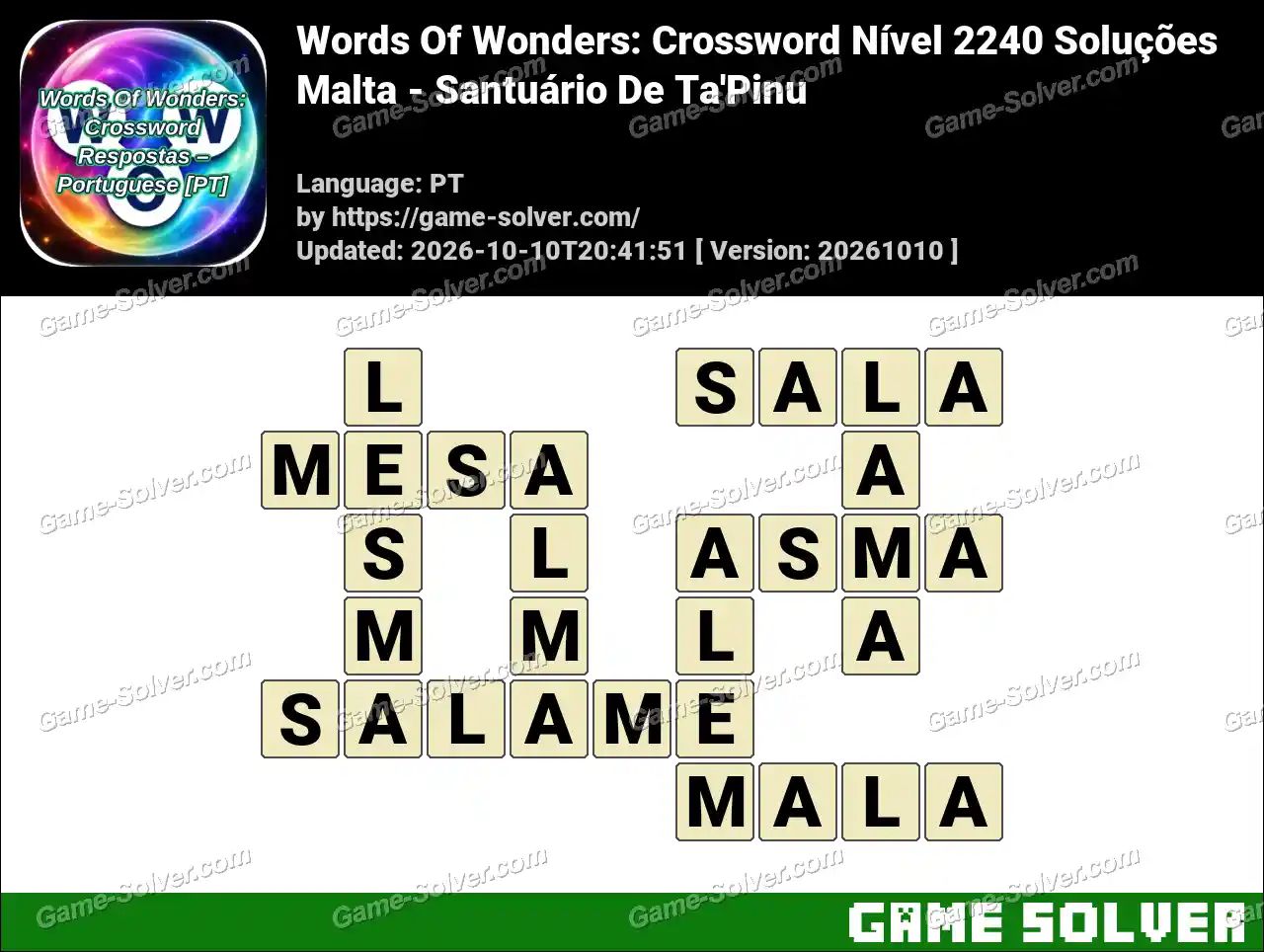 Words Of Wonders: Crossword Nível 2240 Soluções – Malta – Santuário De Ta’Pinu